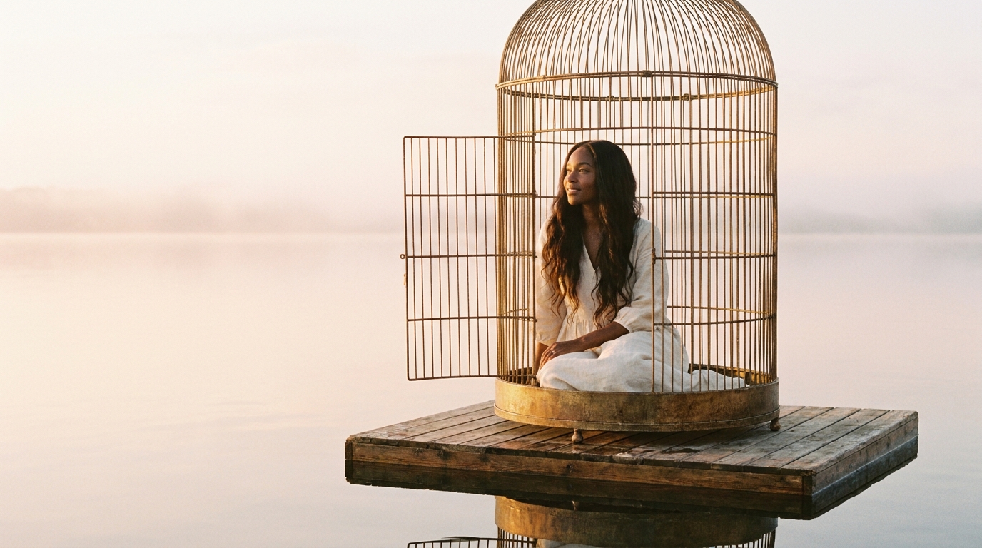 A woman in flowing white fabric sits peacefully inside an ornate open wire birdcage on a floating platform over still water at sunrise